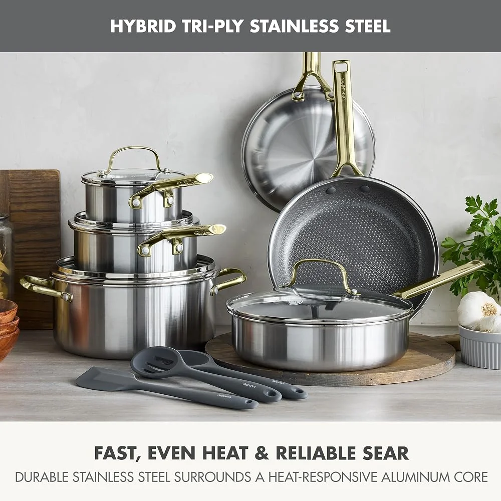 GreenPan Hybrid 13 Piece Nonstick Stainless Steel Cookware Set, Gold