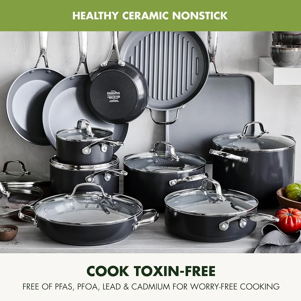 GreenPan Valencia Pro Ceramic Nonstick 22 Piece Cookware Set, Gray