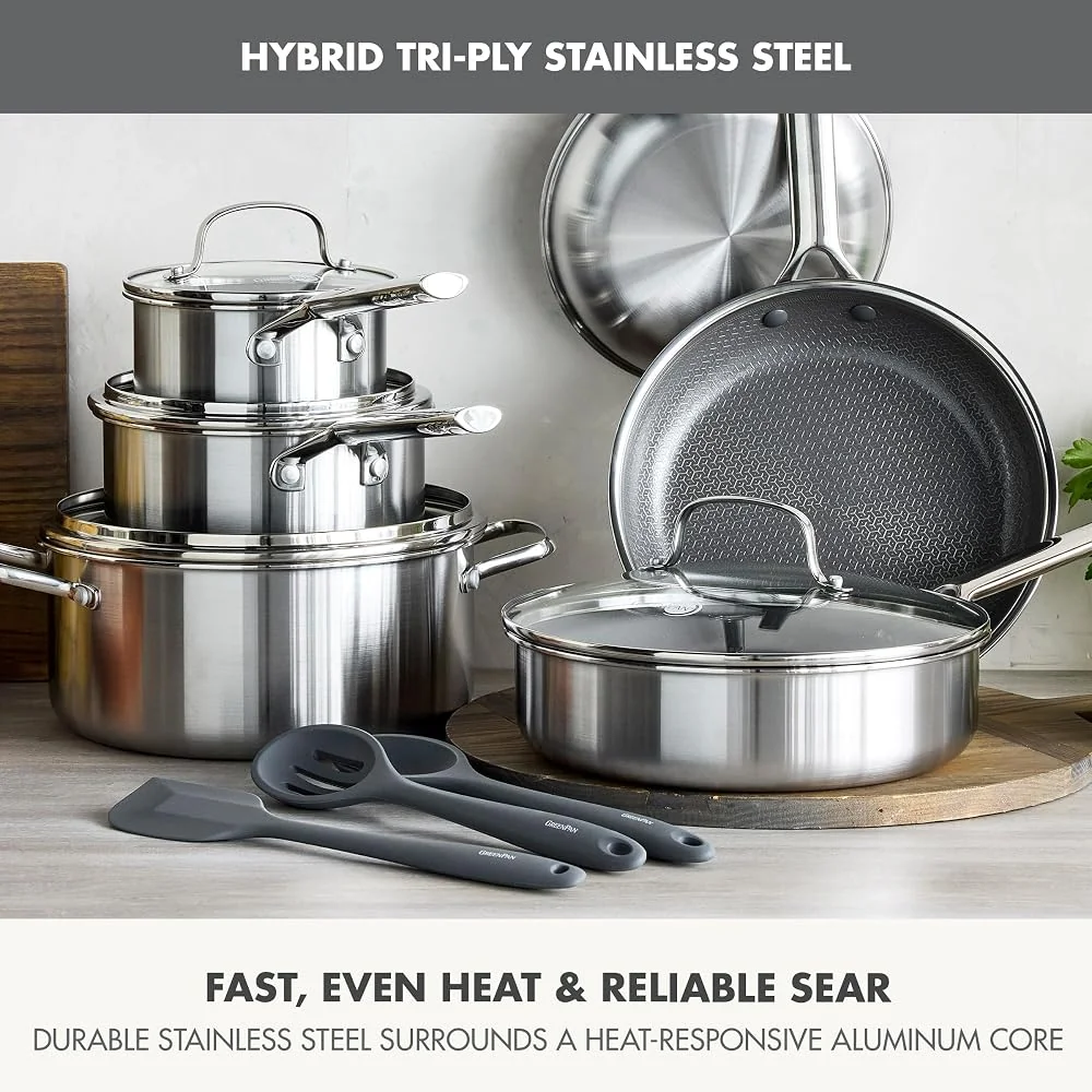 GreenPan Hybrid 13 Piece Nonstick Stainless Steel Cookware Set, Silver