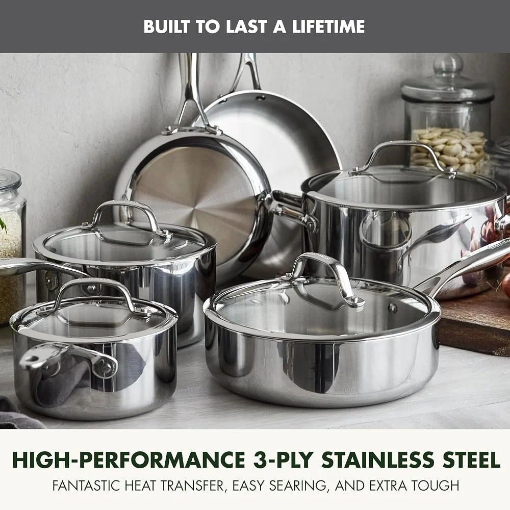 GreenPan Valencia Pro Tri-Ply Stainless Steel 10 Piece Cookware Set, Mirror Finish