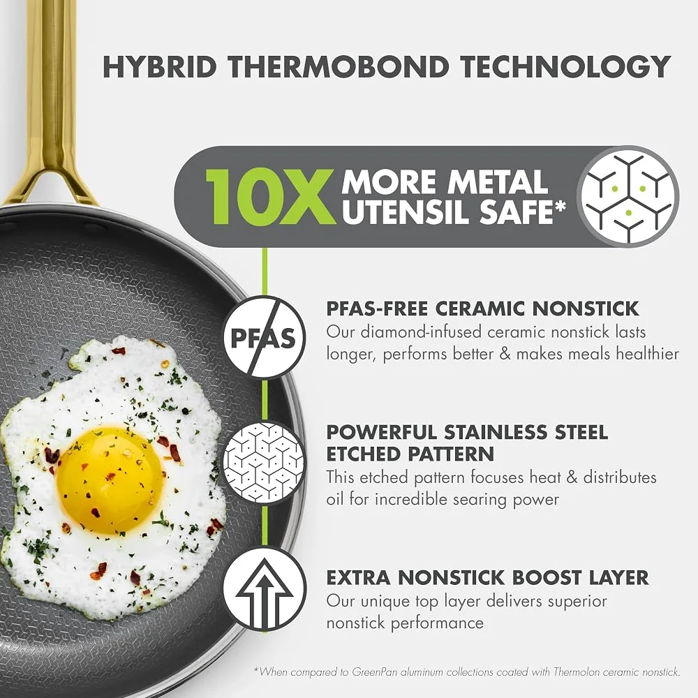 GreenPan Hybrid 6-Piece Frying Pan Set (8", 10", 12") with Glass Lids, Gold